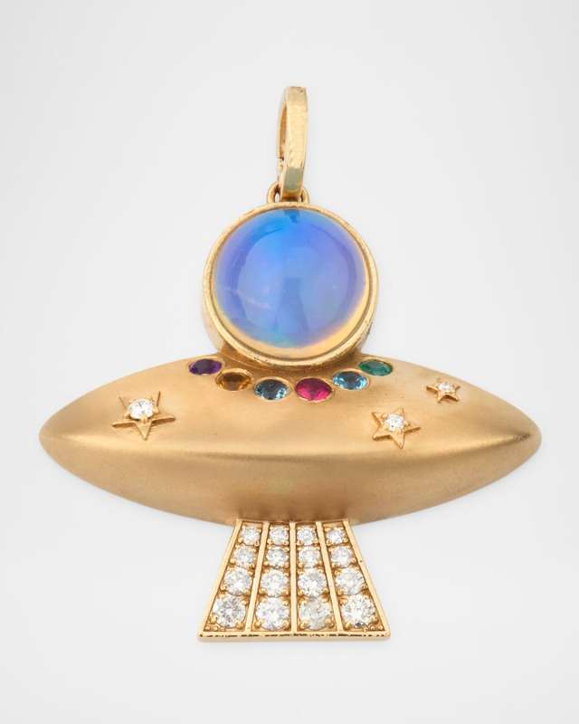 14K Yellow Gold Diamond, Opal and Multicolored Gemstone UFO Charm